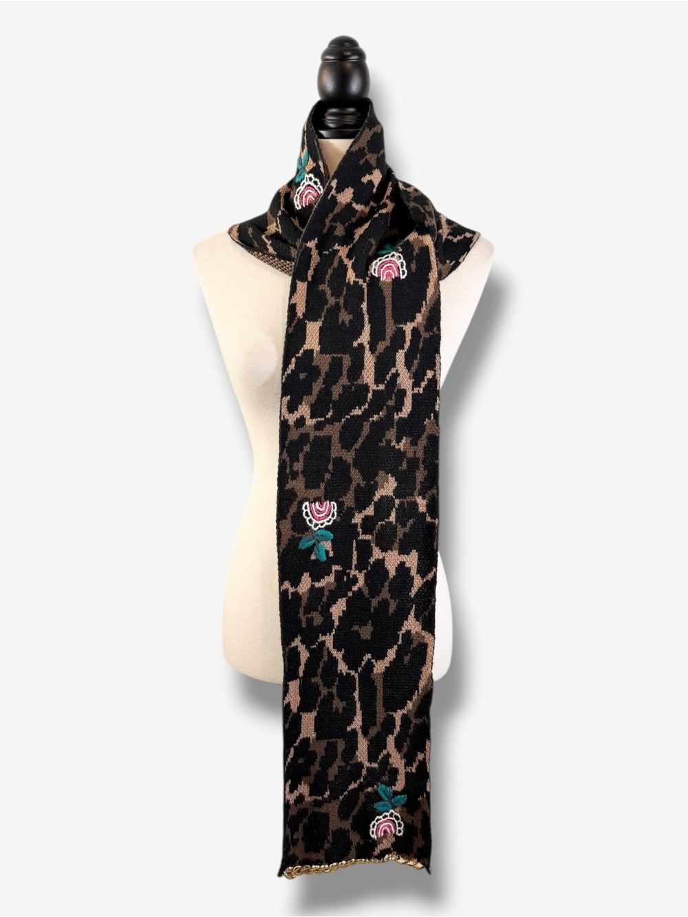 Betsey Johnson Leopard Floral Embroidered Chain Trim Knit Scarf Lurex